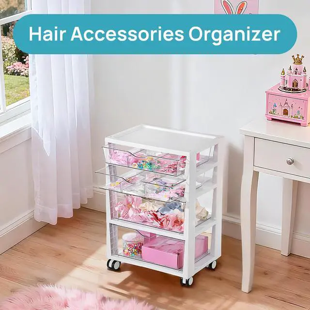 Alt view image 5 of 7 - 4-Tier Plastic Drawer Storage Rolling Cart with Wheels | Clear Drawers, Multiple Size Storage, Visible Organization, Sturdy for Under Desk, Office, Makeup, Crafts & Art Storage