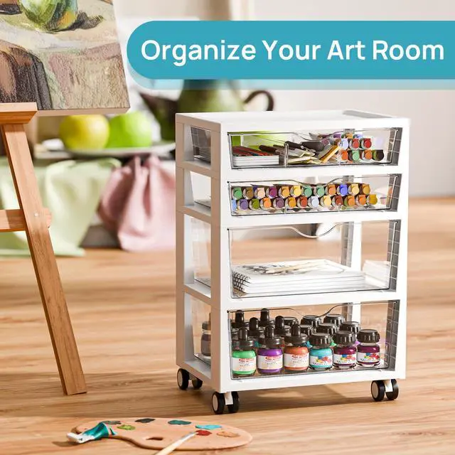 Alt view image 6 of 7 - 4-Tier Plastic Drawer Storage Rolling Cart with Wheels | Clear Drawers, Multiple Size Storage, Visible Organization, Sturdy for Under Desk, Office, Makeup, Crafts & Art Storage