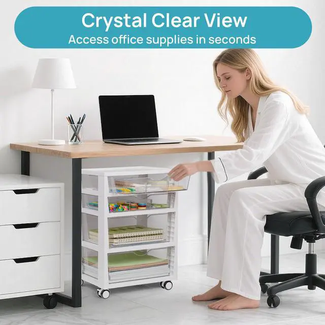 Alt view image 7 of 7 - 4-Tier Plastic Drawer Storage Rolling Cart with Wheels | Clear Drawers, Multiple Size Storage, Visible Organization, Sturdy for Under Desk, Office, Makeup, Crafts & Art Storage