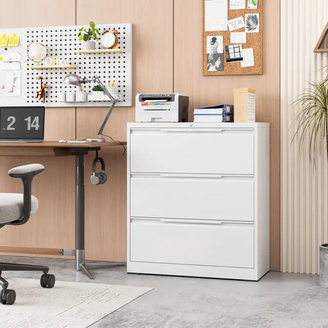 Alt view image 2 of 7 - 3-Drawer Metal File Cabinet with Lock,Steel Printer Stand with Storage for Home Office,Lateral Filing Cabinet for Legal/Letter/A4 Files,Assembly Required(35.43''W-3 Drawers,White)