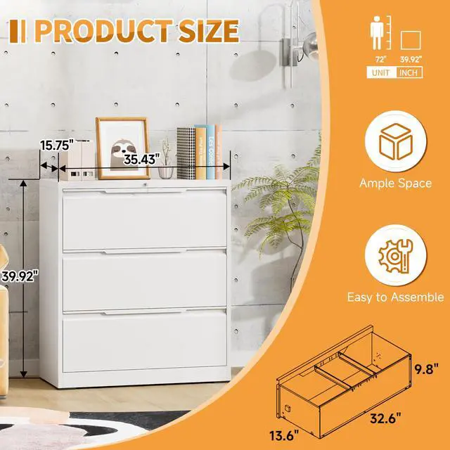 Alt view image 3 of 7 - 3-Drawer Metal File Cabinet with Lock,Steel Printer Stand with Storage for Home Office,Lateral Filing Cabinet for Legal/Letter/A4 Files,Assembly Required(35.43''W-3 Drawers,White)