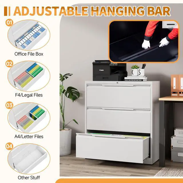 Alt view image 4 of 7 - 3-Drawer Metal File Cabinet with Lock,Steel Printer Stand with Storage for Home Office,Lateral Filing Cabinet for Legal/Letter/A4 Files,Assembly Required(35.43''W-3 Drawers,White)