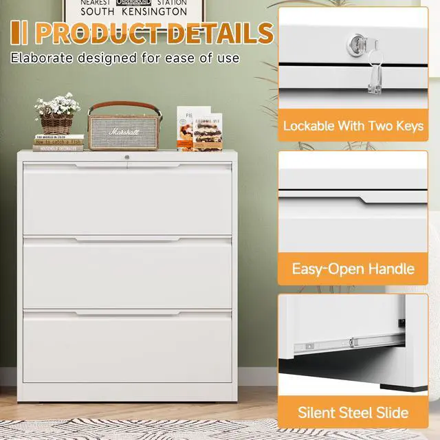 Alt view image 5 of 7 - 3-Drawer Metal File Cabinet with Lock,Steel Printer Stand with Storage for Home Office,Lateral Filing Cabinet for Legal/Letter/A4 Files,Assembly Required(35.43''W-3 Drawers,White)