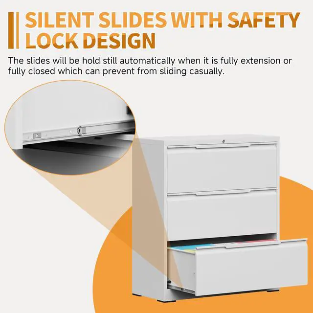 Alt view image 6 of 7 - 3-Drawer Metal File Cabinet with Lock,Steel Printer Stand with Storage for Home Office,Lateral Filing Cabinet for Legal/Letter/A4 Files,Assembly Required(35.43''W-3 Drawers,White)