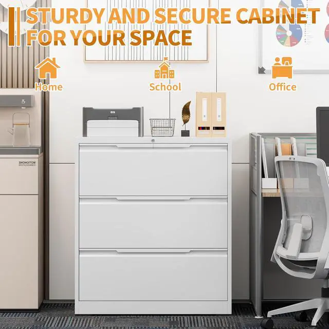 Alt view image 7 of 7 - 3-Drawer Metal File Cabinet with Lock,Steel Printer Stand with Storage for Home Office,Lateral Filing Cabinet for Legal/Letter/A4 Files,Assembly Required(35.43''W-3 Drawers,White)
