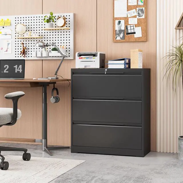 Alt view image 2 of 7 - 3-Drawer Metal File Cabinet with Lock,Steel Printer Stand with Storage for Home Office,Lateral Filing Cabinet for Legal/Letter/A4 Files,Assembly Required(35.43''W-3 Drawers,Black)