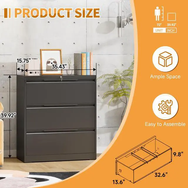 Alt view image 3 of 7 - 3-Drawer Metal File Cabinet with Lock,Steel Printer Stand with Storage for Home Office,Lateral Filing Cabinet for Legal/Letter/A4 Files,Assembly Required(35.43''W-3 Drawers,Black)