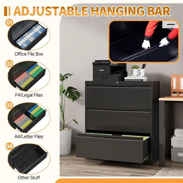 Alt view image 4 of 7 - 3-Drawer Metal File Cabinet with Lock,Steel Printer Stand with Storage for Home Office,Lateral Filing Cabinet for Legal/Letter/A4 Files,Assembly Required(35.43''W-3 Drawers,Black)