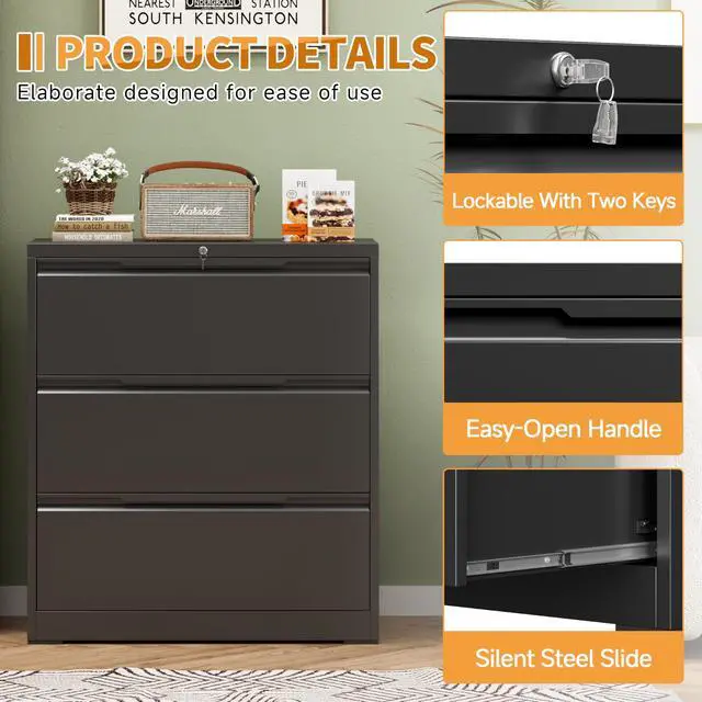 Alt view image 5 of 7 - 3-Drawer Metal File Cabinet with Lock,Steel Printer Stand with Storage for Home Office,Lateral Filing Cabinet for Legal/Letter/A4 Files,Assembly Required(35.43''W-3 Drawers,Black)