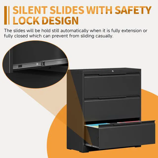 Alt view image 6 of 7 - 3-Drawer Metal File Cabinet with Lock,Steel Printer Stand with Storage for Home Office,Lateral Filing Cabinet for Legal/Letter/A4 Files,Assembly Required(35.43''W-3 Drawers,Black)