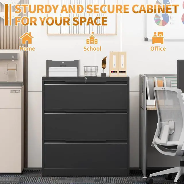 Alt view image 7 of 7 - 3-Drawer Metal File Cabinet with Lock,Steel Printer Stand with Storage for Home Office,Lateral Filing Cabinet for Legal/Letter/A4 Files,Assembly Required(35.43''W-3 Drawers,Black)