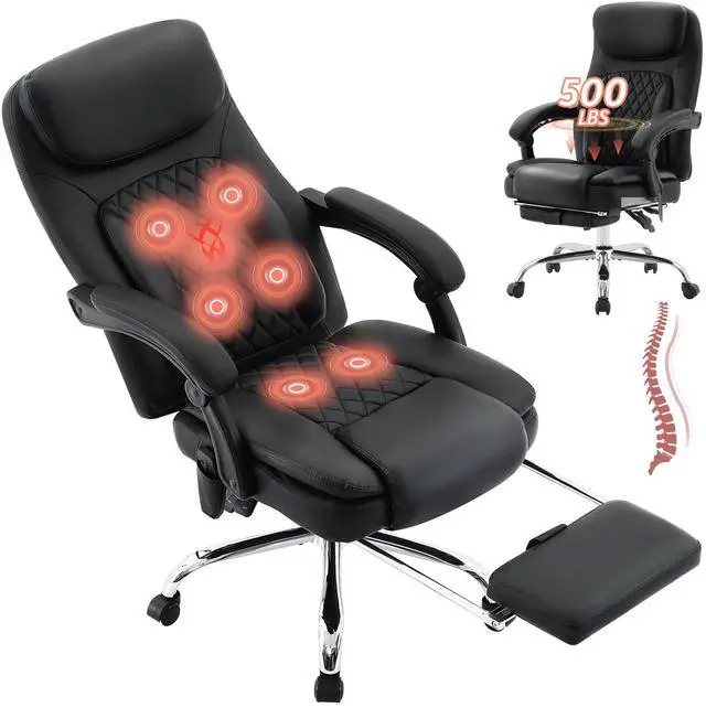 Main image of 500LBS Massage Office Chair, Reclining 6 Points Vibration and Heat Desk Chair with Foot Rest, Ergonomic Executive Office Chairs, Comfy Wider & Thicker Seat, Big and Tall Gaming Chair, PU Leather Black