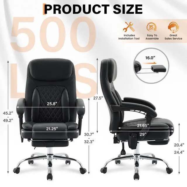 Alt view image 3 of 7 - 500LBS Massage Office Chair, Reclining 6 Points Vibration and Heat Desk Chair with Foot Rest, Ergonomic Executive Office Chairs, Comfy Wider & Thicker Seat, Big and Tall Gaming Chair, PU Leather Black