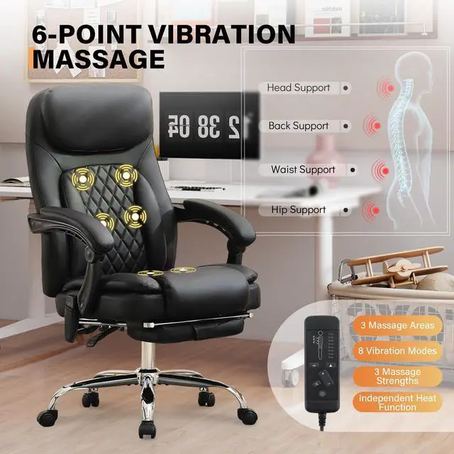 Alt view image 4 of 7 - 500LBS Massage Office Chair, Reclining 6 Points Vibration and Heat Desk Chair with Foot Rest, Ergonomic Executive Office Chairs, Comfy Wider & Thicker Seat, Big and Tall Gaming Chair, PU Leather Black