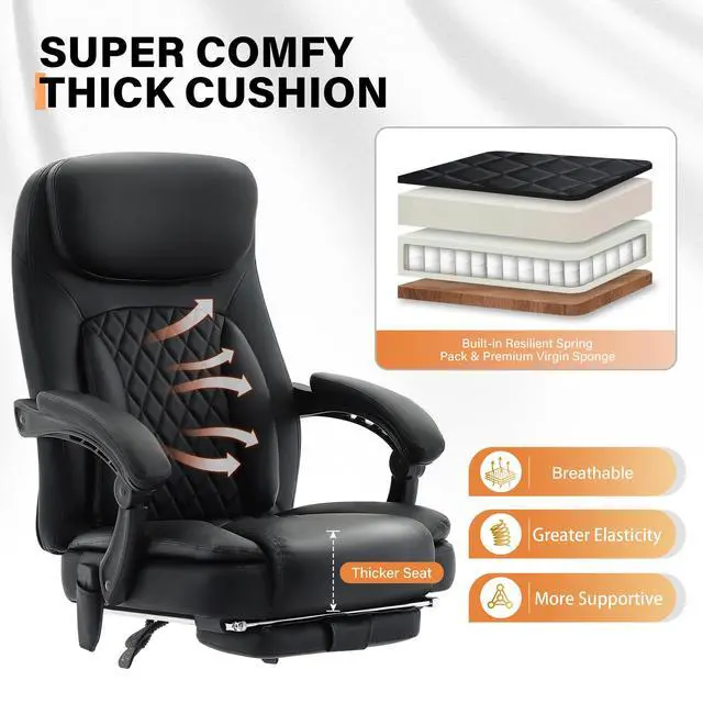 Alt view image 5 of 7 - 500LBS Massage Office Chair, Reclining 6 Points Vibration and Heat Desk Chair with Foot Rest, Ergonomic Executive Office Chairs, Comfy Wider & Thicker Seat, Big and Tall Gaming Chair, PU Leather Black