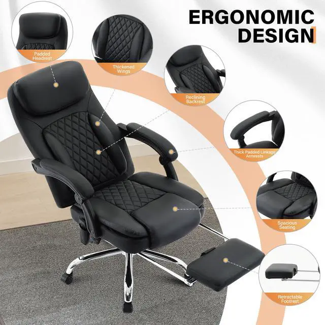 Alt view image 6 of 7 - 500LBS Massage Office Chair, Reclining 6 Points Vibration and Heat Desk Chair with Foot Rest, Ergonomic Executive Office Chairs, Comfy Wider & Thicker Seat, Big and Tall Gaming Chair, PU Leather Black