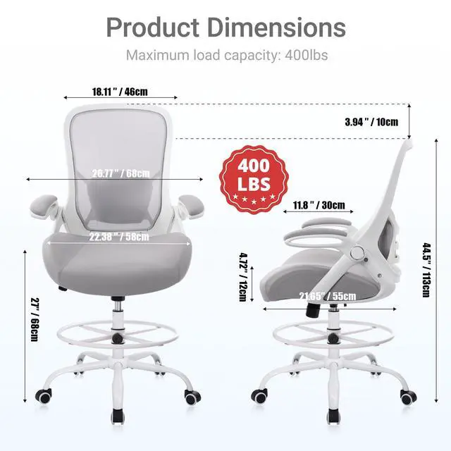 Alt view image 2 of 7 - 400lbs Heavy Duty Drafting Chair 5" Thickened Seat Office Chair with Flip-Up Armrests Tall Ergonomic Computer Chair with Lumbar Support and Adjustable Footrest Ring Standing Desk Chair (Grey)