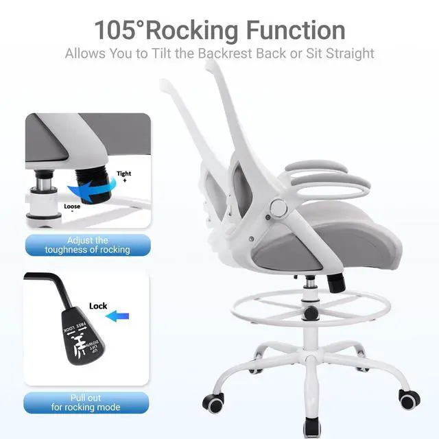 Alt view image 4 of 7 - 400lbs Heavy Duty Drafting Chair 5" Thickened Seat Office Chair with Flip-Up Armrests Tall Ergonomic Computer Chair with Lumbar Support and Adjustable Footrest Ring Standing Desk Chair (Grey)