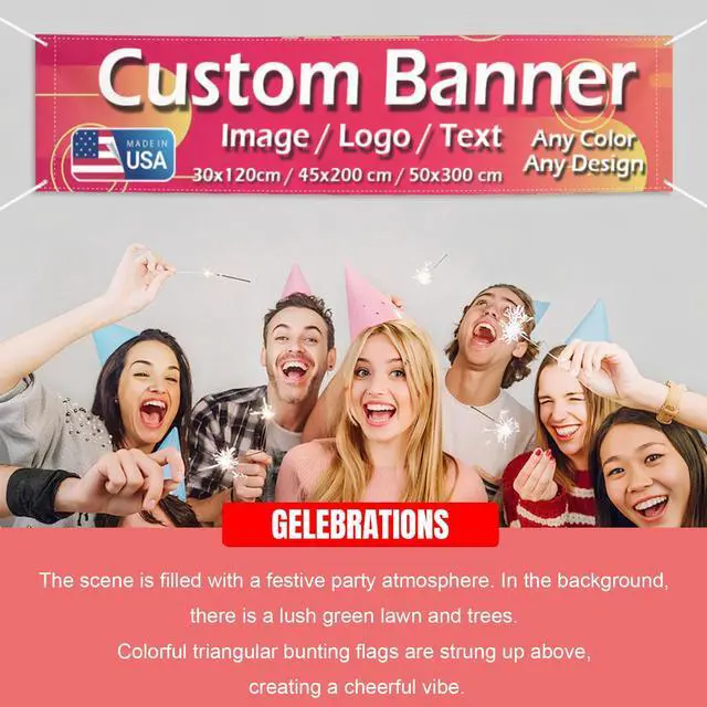 Alt view image 4 of 6 - Custom Banner Personalized Backdrop Sign for Business Event Birthday Party Outdoor Indoor, Customize Flag Poster with Logo Photo Text, Rustproof Grommets (Style 2)