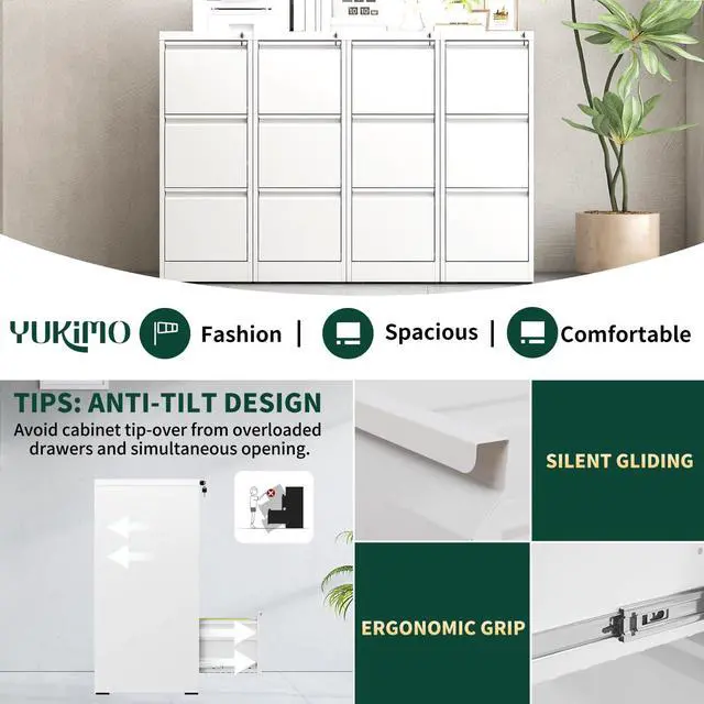 Alt view image 6 of 7 - 3 Drawer File Cabinet with Lock, Vertical File Cabinet with Lock, Locking File Cabinet Hanging Files for A4/ Legal/Letter,White