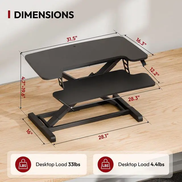Alt view image 2 of 7 - 32" Height Adjustable Standing Desk Converter, Desk Riser Sit Stand Workstation for Home Office Laptop & Dual Monitor Setup, Ergonomic Lift Platform, Black
