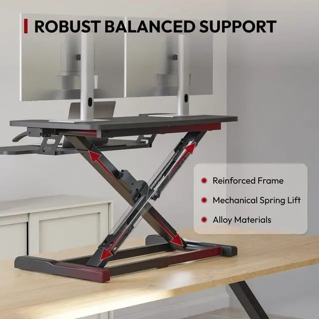 Alt view image 3 of 7 - 32" Height Adjustable Standing Desk Converter, Desk Riser Sit Stand Workstation for Home Office Laptop & Dual Monitor Setup, Ergonomic Lift Platform, Black