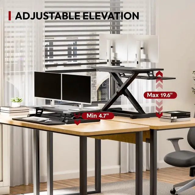 Alt view image 4 of 7 - 32" Height Adjustable Standing Desk Converter, Desk Riser Sit Stand Workstation for Home Office Laptop & Dual Monitor Setup, Ergonomic Lift Platform, Black
