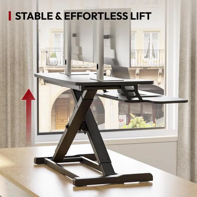 Alt view image 5 of 7 - 32" Height Adjustable Standing Desk Converter, Desk Riser Sit Stand Workstation for Home Office Laptop & Dual Monitor Setup, Ergonomic Lift Platform, Black