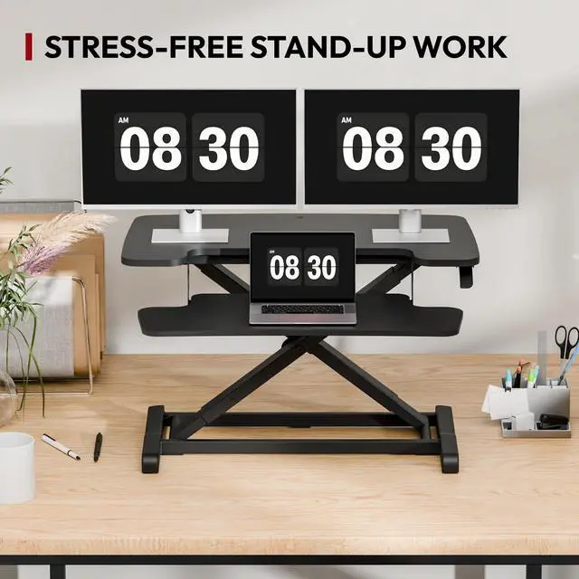 Alt view image 7 of 7 - 32" Height Adjustable Standing Desk Converter, Desk Riser Sit Stand Workstation for Home Office Laptop & Dual Monitor Setup, Ergonomic Lift Platform, Black
