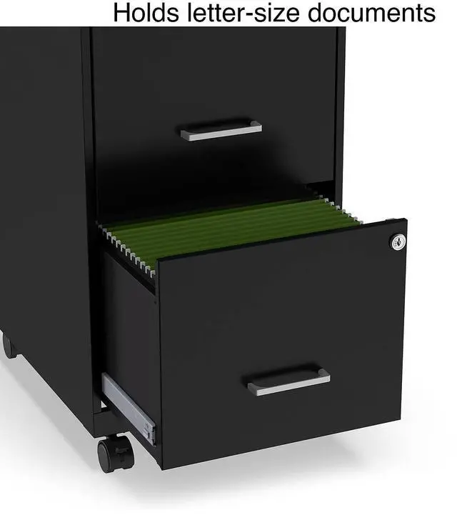 Alt view image 5 of 7 - 2-Drawer Vertical File Cabinet, Letter Size, Lockable, Black | Mobile rolling cabinet, 18in D x 14in W x 26.3in H, for secure storage