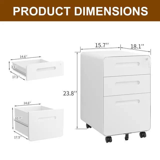 Alt view image 3 of 7 - 3 Drawer Mobile File Cabinet with Lock, 4 Keys and 25 Letter File Folders | Heavy-Duty Steel Rolling Filing Cabinet Pre-Assembled Under Desk for Home Office Letters/Legal/A4 Hanging File Folders