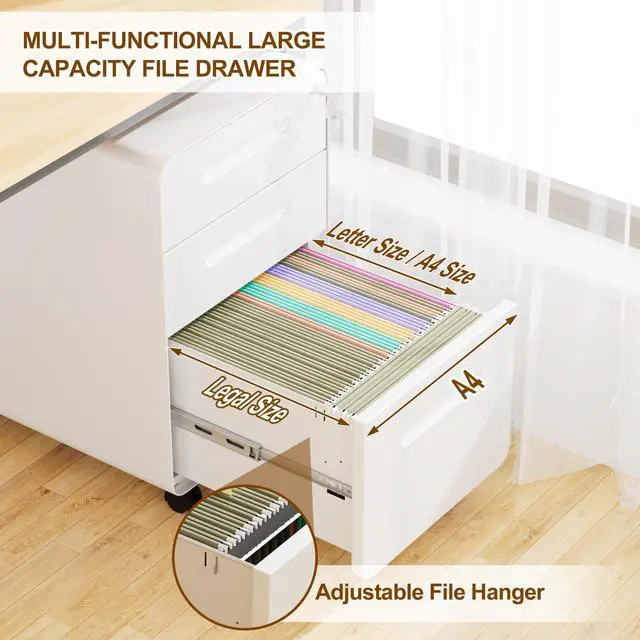 Alt view image 7 of 7 - 3 Drawer Mobile File Cabinet with Lock, 4 Keys and 25 Letter File Folders | Heavy-Duty Steel Rolling Filing Cabinet Pre-Assembled Under Desk for Home Office Letters/Legal/A4 Hanging File Folders