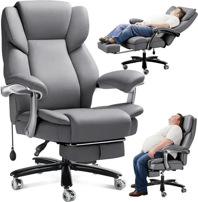 Main image of 600lbs Big and Tall Office Chair for Heavy People,Heavy Duty Comfy Executive Office Desk Chair with Adjustable Lumbar Support,High Back Reclining PU Leather Computer Chair (Classic, Grey)