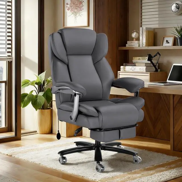 Alt view image 2 of 7 - 600lbs Big and Tall Office Chair for Heavy People,Heavy Duty Comfy Executive Office Desk Chair with Adjustable Lumbar Support,High Back Reclining PU Leather Computer Chair (Classic, Grey)
