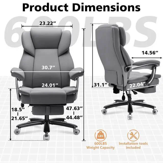 Alt view image 3 of 7 - 600lbs Big and Tall Office Chair for Heavy People,Heavy Duty Comfy Executive Office Desk Chair with Adjustable Lumbar Support,High Back Reclining PU Leather Computer Chair (Classic, Grey)