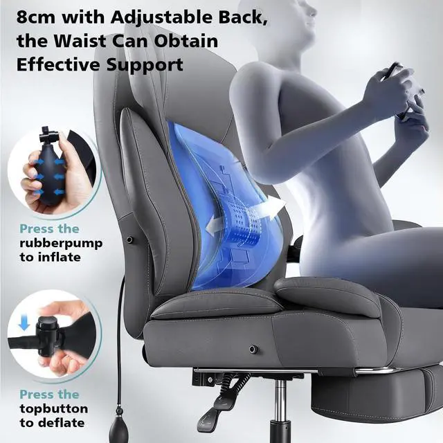 Alt view image 4 of 7 - 600lbs Big and Tall Office Chair for Heavy People,Heavy Duty Comfy Executive Office Desk Chair with Adjustable Lumbar Support,High Back Reclining PU Leather Computer Chair (Classic, Grey)