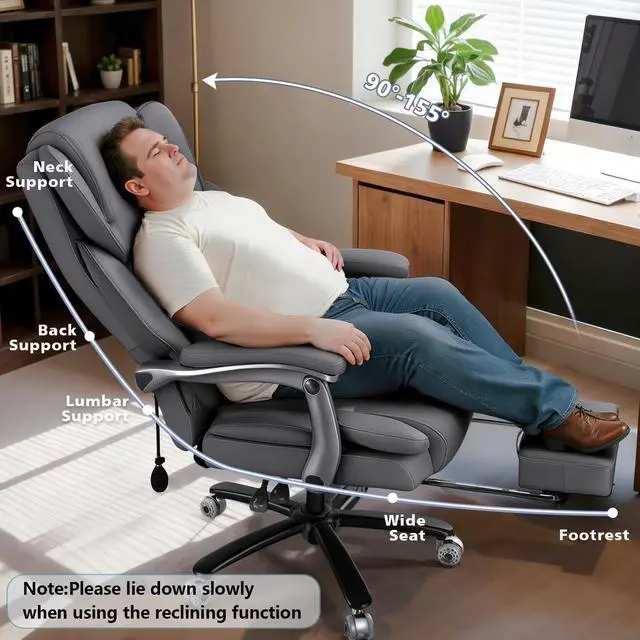 Alt view image 5 of 7 - 600lbs Big and Tall Office Chair for Heavy People,Heavy Duty Comfy Executive Office Desk Chair with Adjustable Lumbar Support,High Back Reclining PU Leather Computer Chair (Classic, Grey)