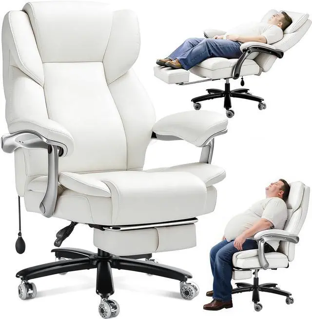 Main image of 600lbs Big and Tall Office Chair for Heavy People,Heavy Duty Comfy Executive Office Desk Chair with Adjustable Lumbar Support,High Back Reclining PU Leather Computer Chair (Classic, White)