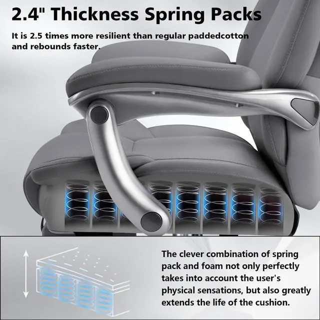 Alt view image 6 of 7 - 600lbs Big and Tall Office Chair for Heavy People,Heavy Duty Comfy Executive Office Desk Chair with Adjustable Lumbar Support,High Back Reclining PU Leather Computer Chair (Classic, Grey)