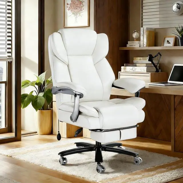 Alt view image 2 of 7 - 600lbs Big and Tall Office Chair for Heavy People,Heavy Duty Comfy Executive Office Desk Chair with Adjustable Lumbar Support,High Back Reclining PU Leather Computer Chair (Classic, White)