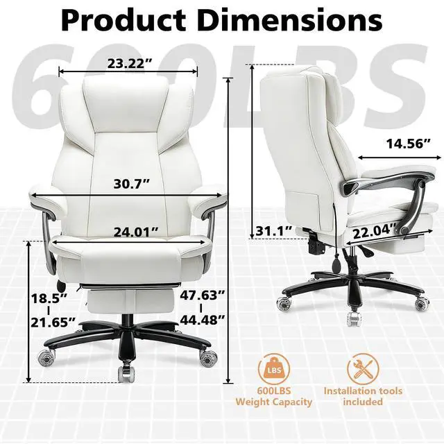 Alt view image 3 of 7 - 600lbs Big and Tall Office Chair for Heavy People,Heavy Duty Comfy Executive Office Desk Chair with Adjustable Lumbar Support,High Back Reclining PU Leather Computer Chair (Classic, White)