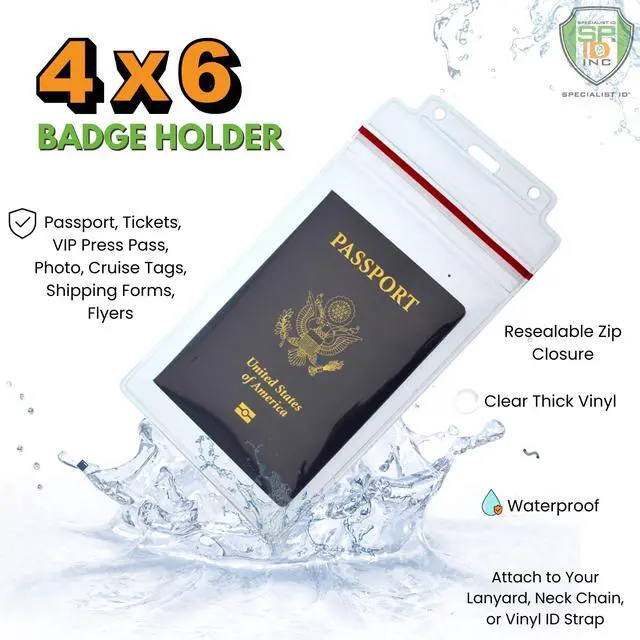 Alt view image 2 of 7 - Bulk 100 Pack - Extra Large Waterproof Badge Holder - 4 X 6 Inch Passport & International Immunization Card - Heavy Duty Resealable Zip Top Closure by (Great for Cruise Essentials)