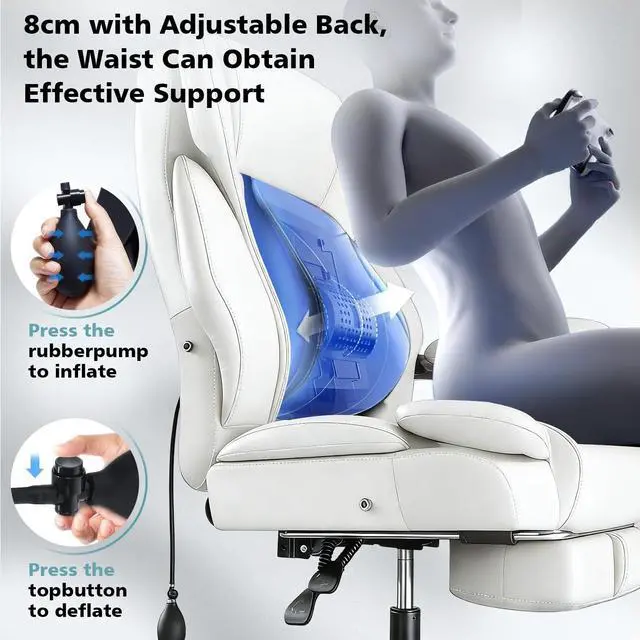 Alt view image 4 of 7 - 600lbs Big and Tall Office Chair for Heavy People,Heavy Duty Comfy Executive Office Desk Chair with Adjustable Lumbar Support,High Back Reclining PU Leather Computer Chair (Classic, White)