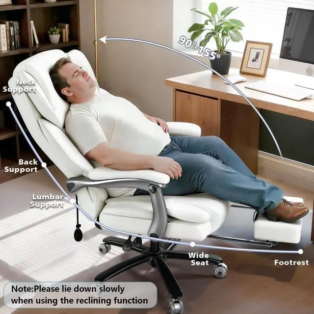Alt view image 6 of 7 - 600lbs Big and Tall Office Chair for Heavy People,Heavy Duty Comfy Executive Office Desk Chair with Adjustable Lumbar Support,High Back Reclining PU Leather Computer Chair (Classic, White)