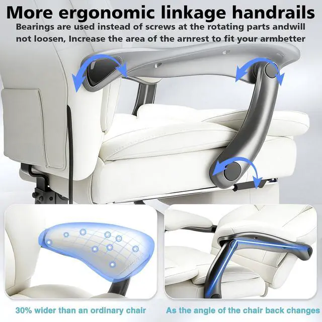 Alt view image 7 of 7 - 600lbs Big and Tall Office Chair for Heavy People,Heavy Duty Comfy Executive Office Desk Chair with Adjustable Lumbar Support,High Back Reclining PU Leather Computer Chair (Classic, White)