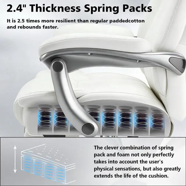 Alt view image 5 of 7 - 600lbs Big and Tall Office Chair for Heavy People,Heavy Duty Comfy Executive Office Desk Chair with Adjustable Lumbar Support,High Back Reclining PU Leather Computer Chair (Classic, White)