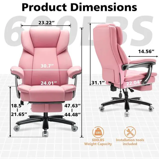 Alt view image 3 of 7 - 600lbs Big and Tall Office Chair for Heavy People,Heavy Duty Comfy Executive Office Desk Chair with Adjustable Lumbar Support,High Back Reclining PU Leather Computer Chair (Classic, Pink)