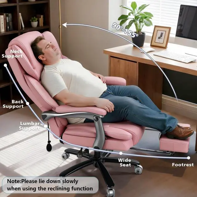 Alt view image 6 of 7 - 600lbs Big and Tall Office Chair for Heavy People,Heavy Duty Comfy Executive Office Desk Chair with Adjustable Lumbar Support,High Back Reclining PU Leather Computer Chair (Classic, Pink)