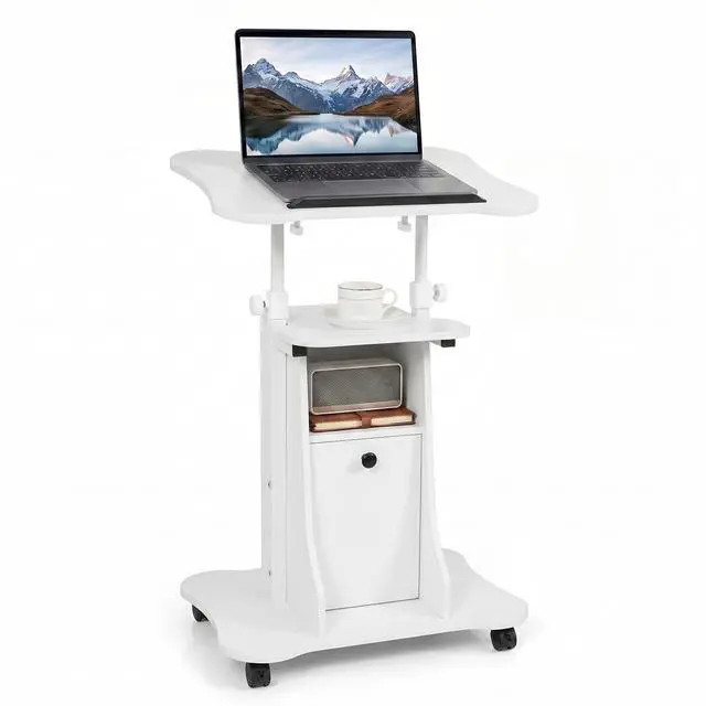 Main image of Mobile Podium Stand, Sit-to-Stand Laptop Cart with Tilting Tabletop & Storage Cabinet, Lockable Casters, Height-Adjustable Rolling Lectern for Classroom, Church, Home Office (White)
