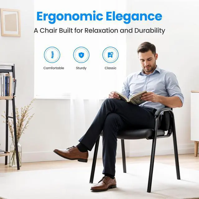 Alt view image 4 of 7 - Waiting Room Leather Guest Chairs with Padded Arms, Comfy Stationary Reception Meeting Chair, Rest for Conference Side Office Home Desk Elderly Salon Clinic, 2 Pack